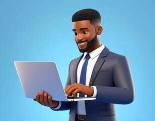 A smiling African American businessman in a suit types on a laptop against a light blue background.