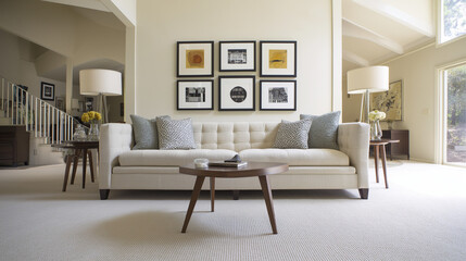 Contemporary living room featuring neutral sofa and abstract art, highlighting elegant modern architecture.
