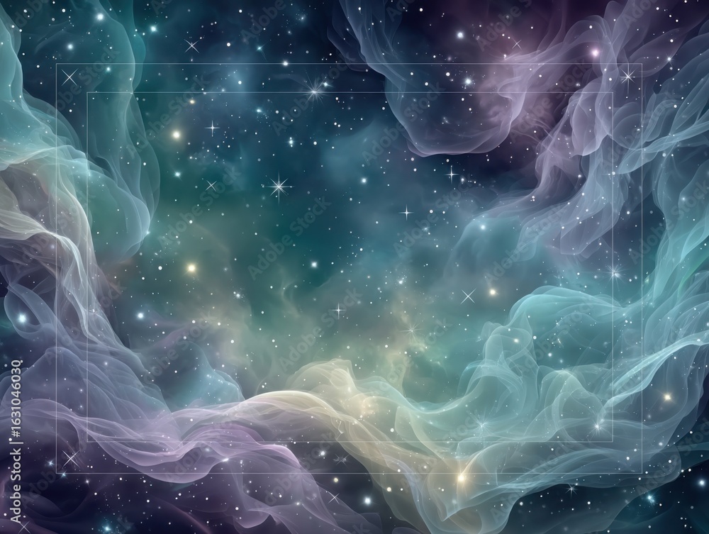 Poster a centered galaxy background with an op art frame, resembling a nebula with ethereal clouds and glit