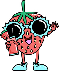 Retro Groovy Cartoon Strawberry with Drink and Sunglasses
