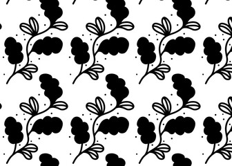 Seamless vector floral pattern with black flowers and ornate leaves, a vintage design for textile or wallpaper decoration