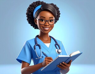 A cheerful animated Black woman, depicted as a healthcare professional, wearing blue scrubs and a stethoscope, smiling while writing notes in a book.