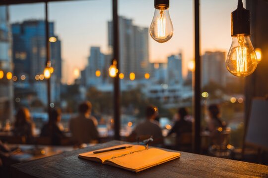 An evening scene in a coworking space with warm lighting and city views outside A small group is brainstorming ideas with notebooks and whiteboards The atmos, Generative AI