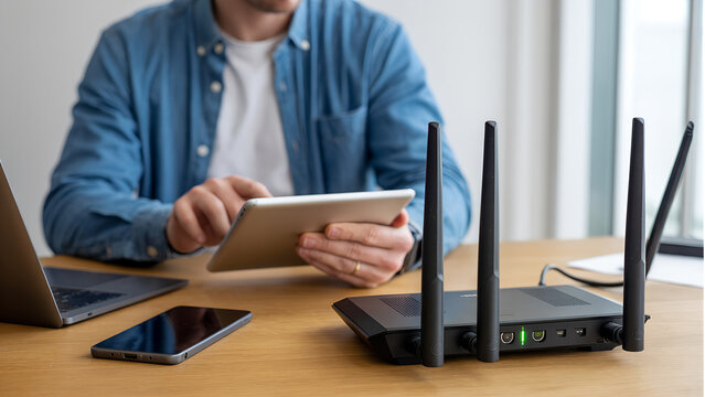 Man using tablet with wi fi router and devices on desk