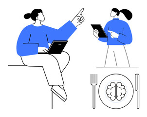 Two professionals engaging with a laptop and tablet, discussing ideas. Focus on creativity, teamwork, and problem-solving. Brain-shaped plate symbolizes brainstorming. Ideal for innovation