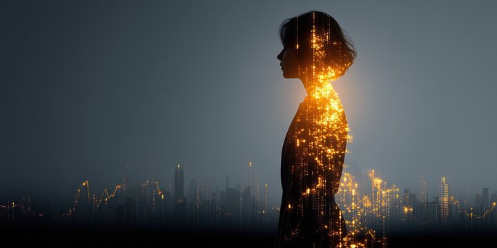 A double exposure photo of a young businesswoman, superimposed on a large metropolis - Powered by Adobe