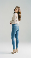 Korean Model in Jeans and Knit Sweater Looking Over Shoulder
