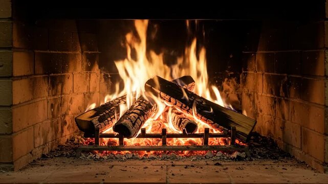 Cozy fireplace with burning logs and bright flames in a brick surround.