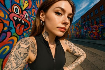 Colorful Urban Woman: Vibrant Tattoo Art and Self-Expression