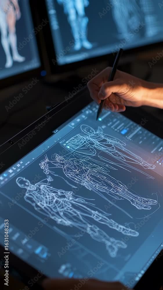 Poster Side view of a motion graphics specialist using a graphics tablet and stylus to craft smooth character animations and stylish title effects in video editing software.