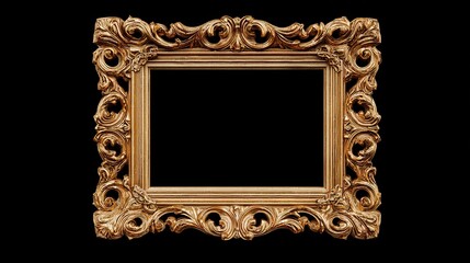 Ornate gold rectangular picture frame with elaborate, swirling, carved details against a black background;  intricate rococo style