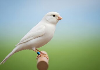 Beautiful white canary bird perched on a branch with a soft green and blue background