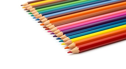 Fototapeta premium Set of colored pencils arranged in parallel, white background.