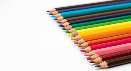 Fototapeta premium Set of colored pencils arranged in parallel, white background.