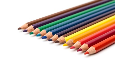 Fototapeta premium Set of colored pencils arranged in parallel, white background.