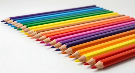 Fototapeta premium Set of colored pencils arranged in parallel, white background.