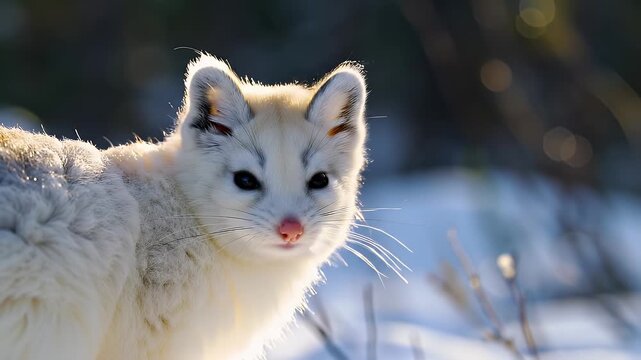 Close-up of a White Fox with Snowy Fur and Dark Eyes in a Snowy Background with Golden Sunlight Shining from Behind