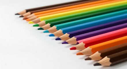 Fototapeta premium Set of colored pencils arranged in parallel, white background.
