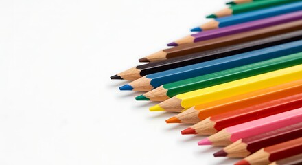 Obraz premium Set of colored pencils arranged in parallel, white background.