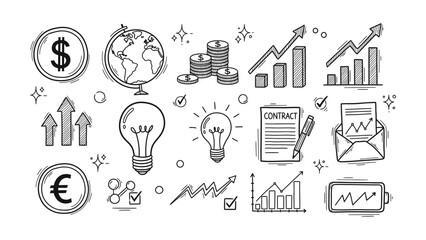 Fototapeta premium Set of black and white sketch icons representing global business growth, ideas, and financial success