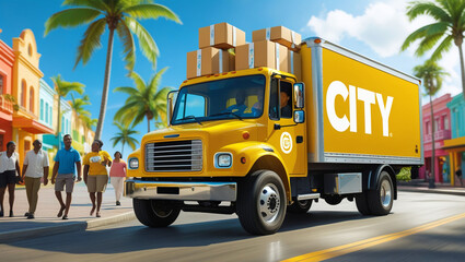 Naklejka premium Yellow city delivery truck with boxes moving on a sunny tropical street with people and palm trees