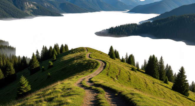 Winding mountain trail overlooking dark lake isolated on transparent background - Powered by Adobe