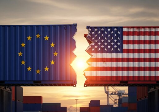 USA and EU trade war, broken container at sunset