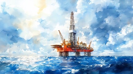 Obraz premium Watercolor painting of offshore oil platform under cloudy sky during the day