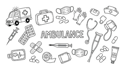 Hand-drawn collection of ambulance and medical emergency doodles, showcasing first aid kits, stethoscopes, and various healthcare icons in a sketch style.
