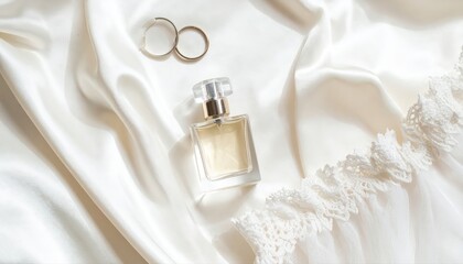 Elegant wedding flat lay with perfume rings on silk for bridal lifestyle and romantic advertising