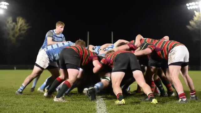 Intense scrum Rugby teams collide at night - Powered by Adobe