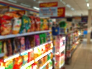 Defocused abstrack background of minimarket or convenience store in the afternoon