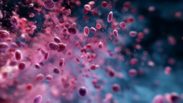 Closeup footage of irregularly shaped blood progenitor cells in bone marrow losing viability and breaking apart in a dynamic sequence.