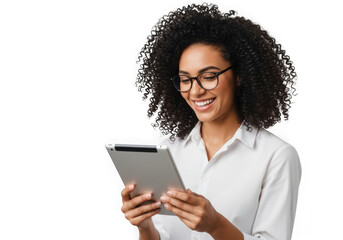 Smiling woman with glasses using tablet device, business professional, curly hair, white shirt, transparent background, isolated on transparent background