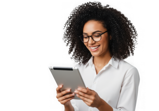 Smiling woman with glasses using tablet device, business professional, curly hair, white shirt, transparent background, isolated on transparent background