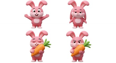 Naklejka premium Four pink cartoon rabbits with different expressions