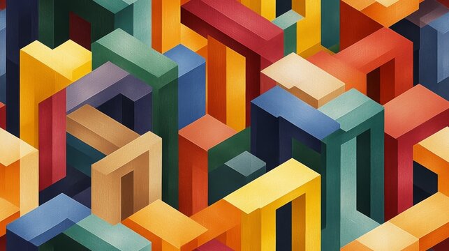 A flat, colorful seamless pattern with 3D isometric geometric shapes in various colors. Ideal for websites or blogs about design, architecture, technology, or modern art.


