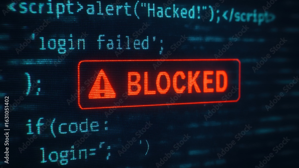 Poster alert message indicating blocked login attempt due to threat hunting in cloud networks. security mea