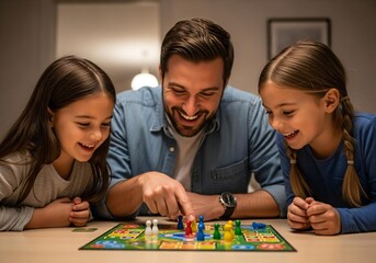 Fototapeta premium Happy father playing board game with daughters