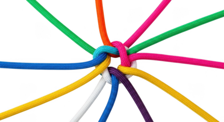 Colorful ropes tied together in a starburst pattern isolated on transparent background