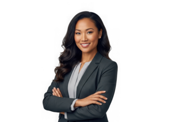 Professional asian businesswoman smiling portrait, confident female executive with arms crossed, png image, isolated on transparent background