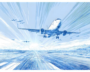 Airline Departure with Mountain Landscape