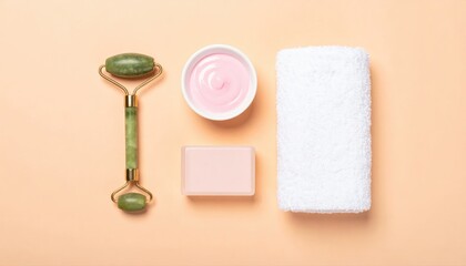 Minimalist flat lay of skincare tools for beauty blog header cosmetic and wellness style