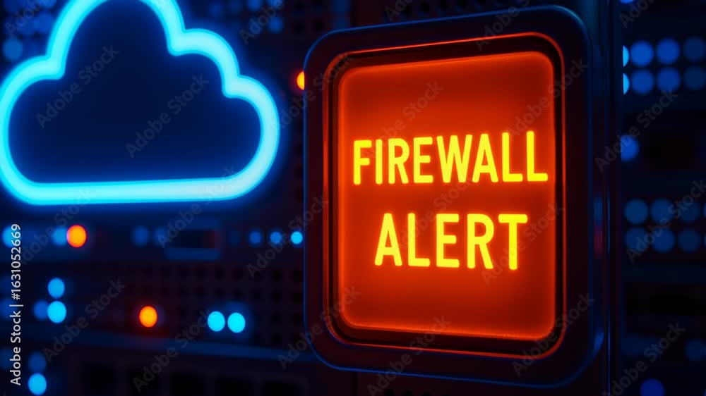 Poster critical firewall alert signals threat hunting in cloud networks, emphasizing robust security measur