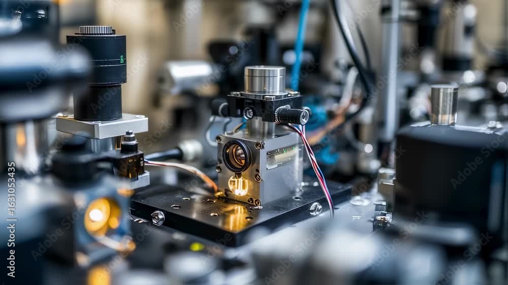 Poster detailed shot of optical components and cables connected on a research bench as physicist calibrates
