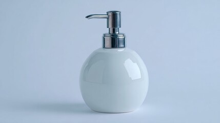 A sleek, oval-shaped white ceramic soap dispenser with a metallic silver pump sits on a light-blue background.  The dispenser is simple, modern, and clean
