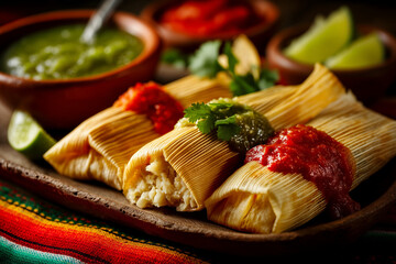 A festive platter of authentic Mexican tamales, topped with vibrant red and green salsa, served during a traditional El Grito de Dolores Independence Day celebration.