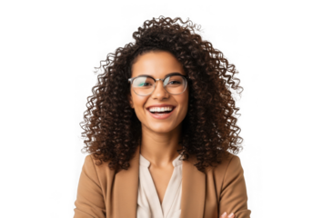 Smiling business woman with curly hair wearing glasses and a blazer portrait photo, happy and cheerful, isolated on transparent background