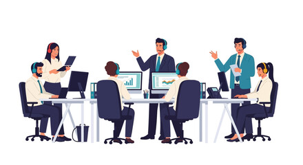 A diverse team of customer service representatives wearing headsets collaborates efficiently in a modern office environment, providing professional support and assistance to clients.