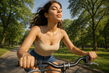 Sunny Day Cycling Adventure: Energetic Woman Biking for Fitness and Fun